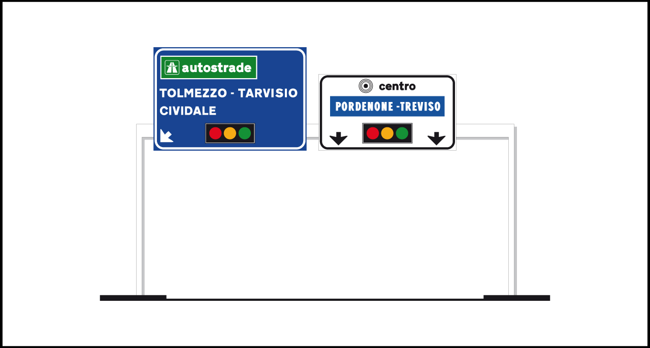 Fig. II 232 Art.126 – Segnale di direzione alto con lanterne semaforiche incorporate